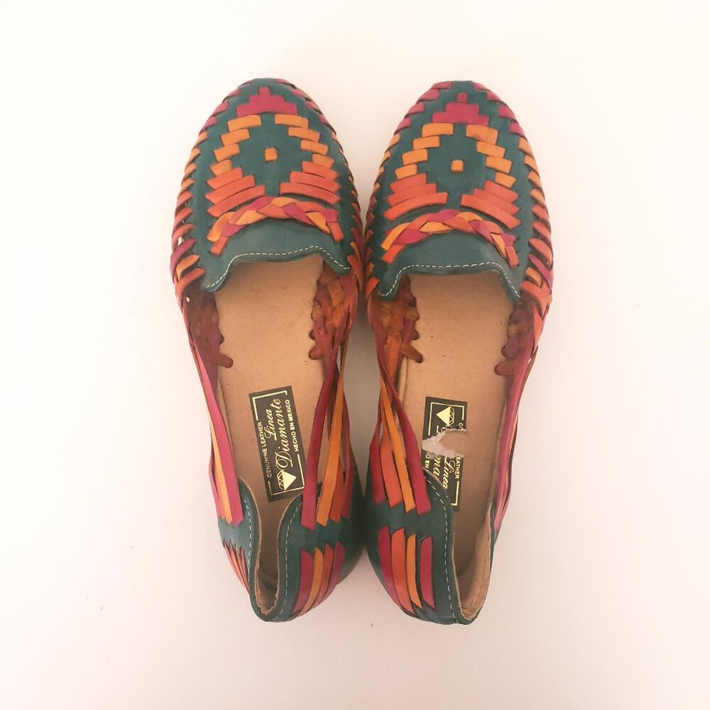 Linea Diamante Huaraches Green Colorful Leather Unisex Sandals Made in Mexico
